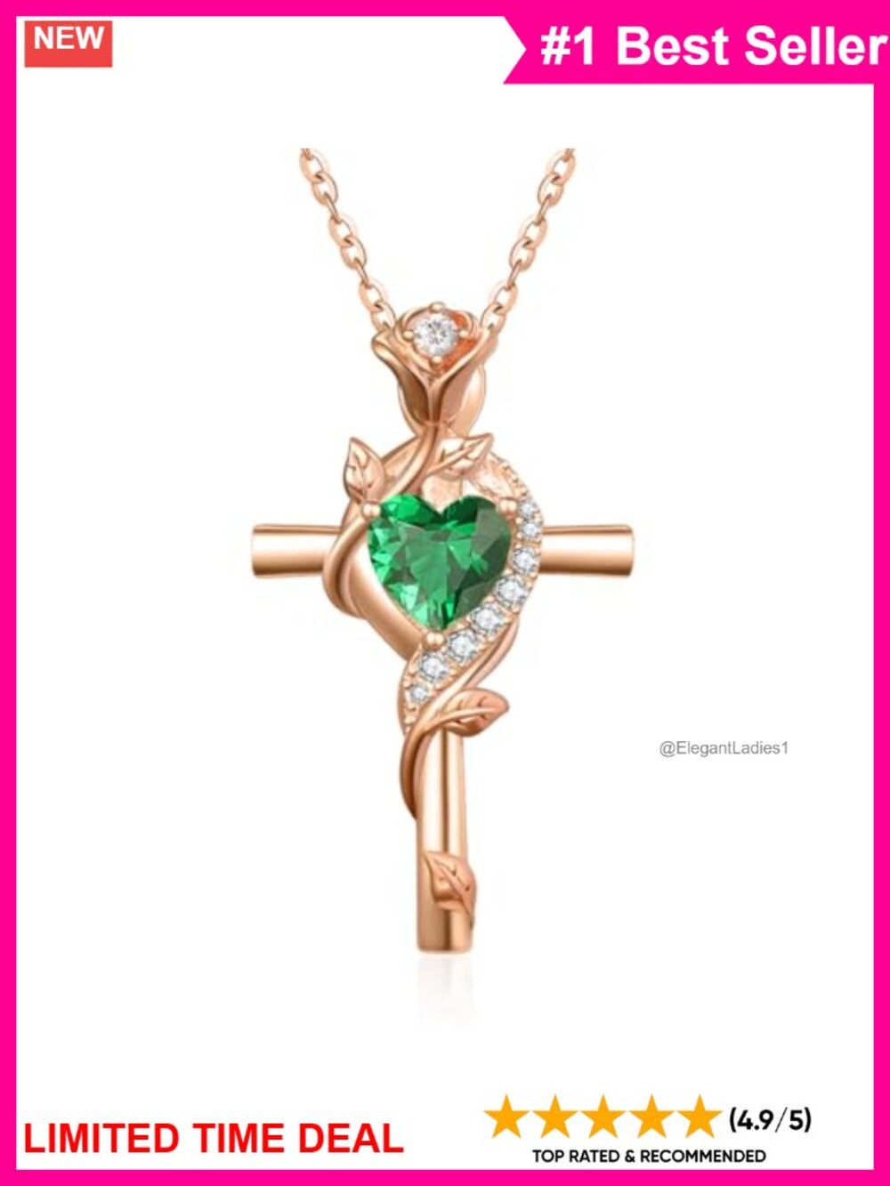 Rose Gold Cross Necklace Emerald Birthstone Pendant Adjustable Cable Chain